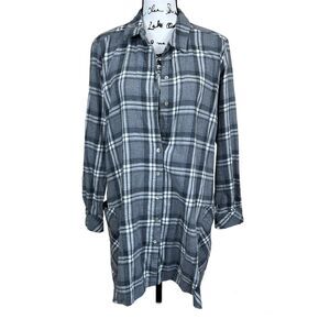 Zara  gray plaid tunic top button up collar flannel long sleeve academia size L
